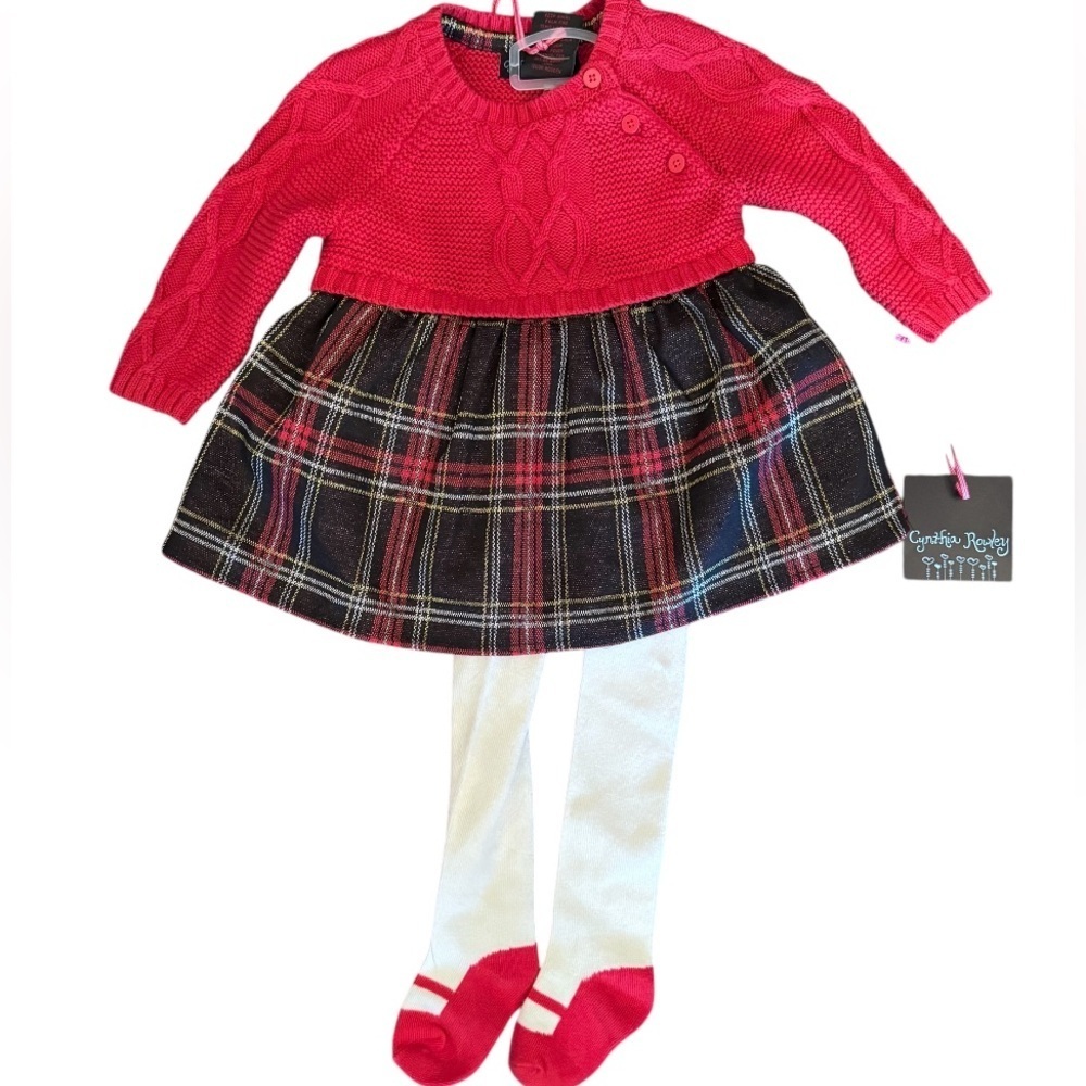 Cynthia Rowley NWT baby shimmer red knit sweater dress with tights outfits 3 mns